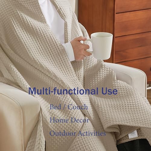 100% Egyptian Cotton Waffle Weave Throw Blanket for Bed Couch Sofa Home Decor, Soft Lightweight Bed & Couch Blanket for All Seasons (Light Khaki - Queen Size - 90 * 90") - Image 5