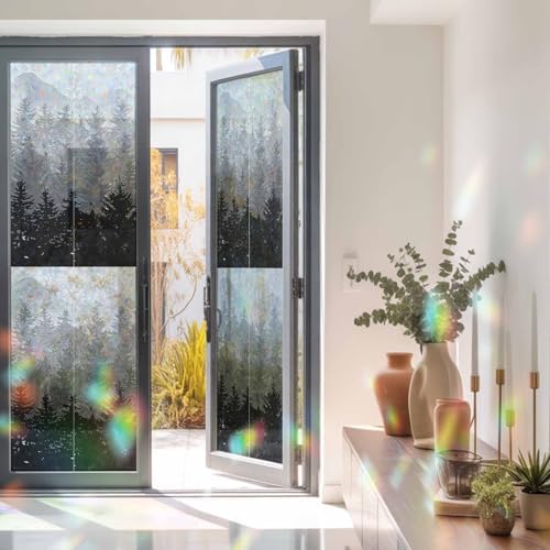 Grey Ombre Window Privacy Film Rainbow Static Cling Stain Glass Window Film for Glass Door, Decorative Sunroof Decal Sticker for Car 23.6"x78.7" Fall Autumn Forest Black Abstract Art Harvest - Image 3