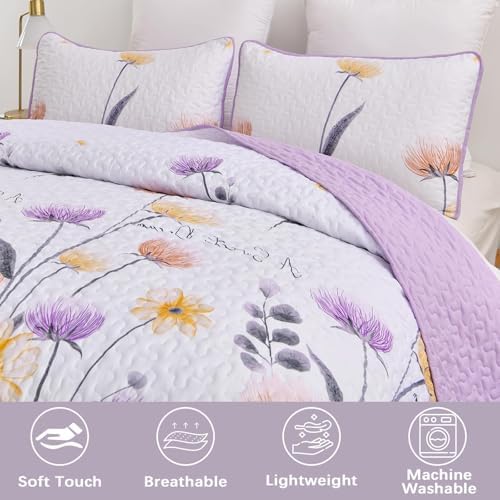 Dinjoy Floral Quilt Set Queen, 3 Pieces Purple Flower Bedspread Coverlet - Image 2
