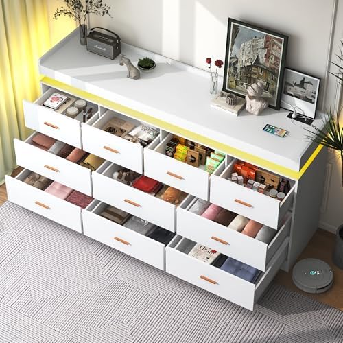jiteentarou 10 Drawer Dresser with Charging Station and LED Lights, Modern Chest of Drawers with Power Outlet, Organizer Cabinet for, Living Room, Entryway, White - Image 3