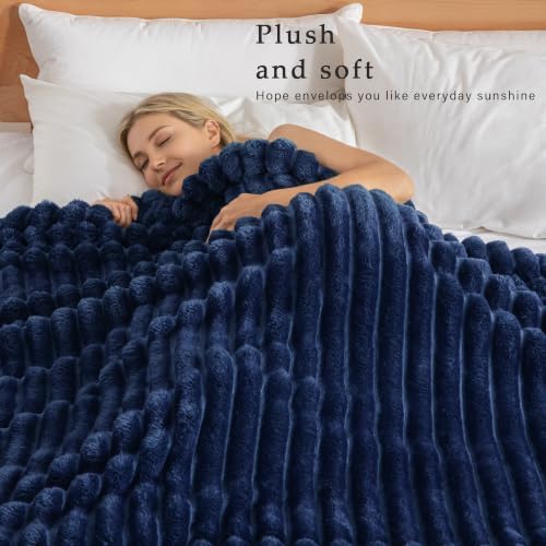 Exclusivo Mezcla Striped King Size Fleece Blanket for Bed, Navy Blue - Image 2