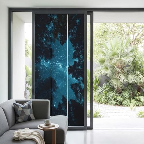 Window Privacy Film Frosted, Night Sky Non-Adhesive Static Cling Window Tint, Blue Natural Forest Trees Star River Scenery Insulated Windows Frosted Films for Living Room, 35.4 x 78.7 Inches - Image 2