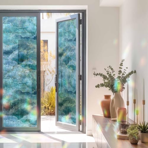 Turquoise Coastal Window Privacy Film Rainbow Static Cling Stain Glass Window Film for Glass Door, Decorative Heat Blocking Sunroof Decal Sticker for Car 23.6"x78.7" Modern Abstract Beach Waves Ocean - Image 3