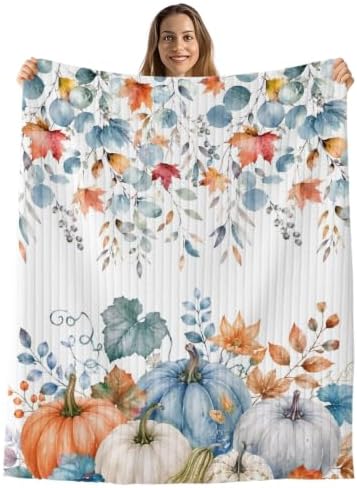 Fall Blue Pumpkins Throw Blanket, Thanksgiving Fluffy Soft Blankets for Couch Bed Travel, Autumn Orange Maple Leaves Plush Microfiber Striped Flannel Blankets, Lightweight Sofa Blankets 50"x60" by Unknown