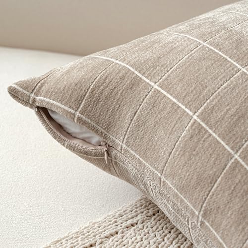 Decorative Chenille Plaid Boho Throw Pillow Covers Oatmeal 24x24 Set of 2 - Image 2