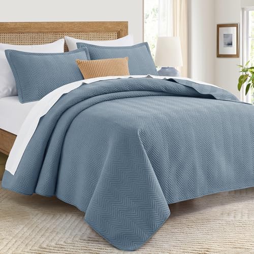 IR Imperial Rooms Quilts Queen Size Bedding Set Washed Blue Bedspread Wave - Image 3
