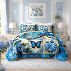HOSIMA Blue Butterfly Floral Patchwork Quilt Twin Size with 2 Pillowcases. by HOSIMA