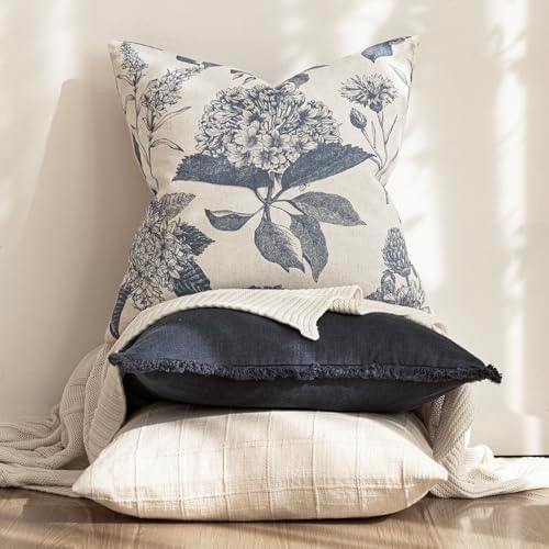 Foindtower Set of 2 Linen Floral Vintage Throw Pillow Covers Neutral Accent Print Decorative Cushion Covers Farmhouse Boho Home Decor for Sofa Chair Couch Bedroom Living Room,24×24 Inch,Blue - Image 5