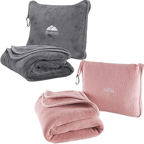 BlueHills Long Travel Blanket Pillows for Two Airplane Traveling Essentials Flight Throws in Bag case with Backpack Clip Compact Large Plane Accessories – Gray and Pink by BlueHills