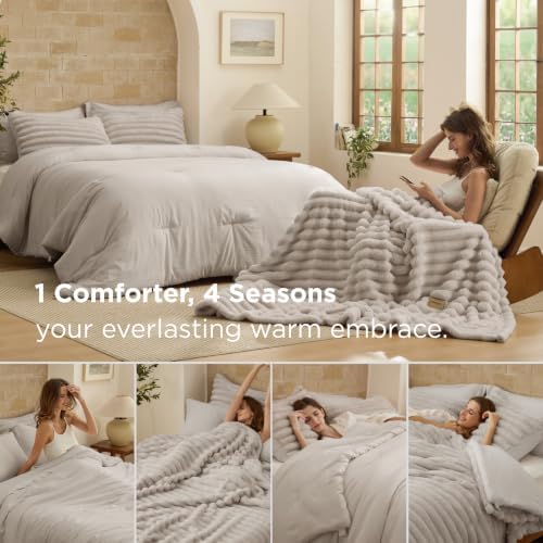 Bedsure 2-in-1 Comforter Set, Detachable Blanket, Beige Oversized King - Image 2