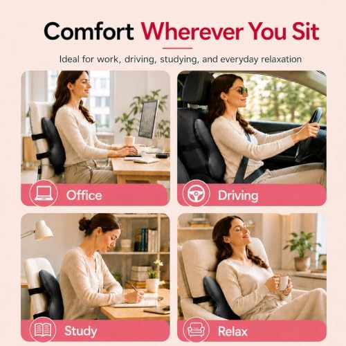 Memory Foam Lumbar Support Pillow,Back Support for Office Chair,Back Pillow for Chair,Lower Back Cushion for Desk Chair,Computer Chair,Gaming Chair and Car Seat,Washable Cover (Enhanced Black) - Image 4