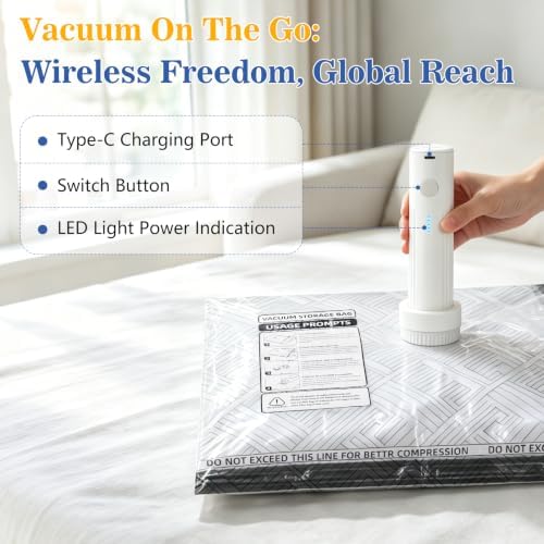 20 Pack Travel Vacuum Storage Bags with Rechargeable Wireless Pump, Vacuum Seal Bags for Clothes, Space Saver Compression Bags in 4 Carry-On Sizes for Luggage, Bedding & Seasonal Storage - Image 3