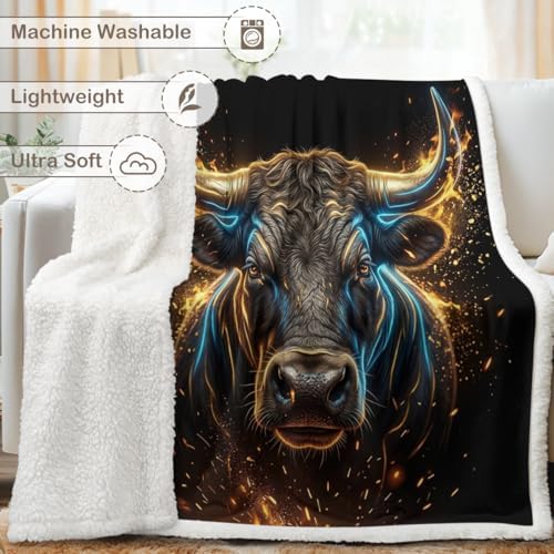 Bull Sherpa Blanket Power Animal Print Throw Blanket for Men Soft Warm Cozy 50x60 Inches Neon Wealth Energy Design Office Bedroom Decor Motivational Gift for Birthday Housewarming Anniversary - Image 6