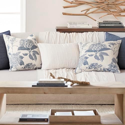 Foindtower Set of 2 Linen Floral Vintage Throw Pillow Covers Neutral Accent Print Decorative Cushion Covers Farmhouse Boho Home Decor for Sofa Chair Couch Bedroom Living Room,24×24 Inch,Blue - Image 6