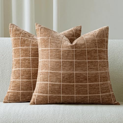 Decorative Chenille Plaid Fall Throw Pillow Covers Camel 22x22 Set of 2 by Unknown