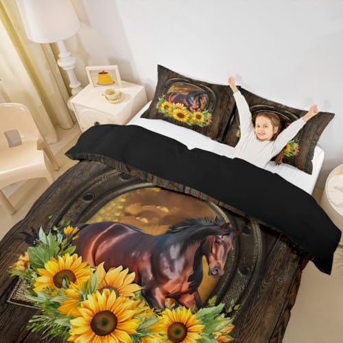 Horse Printed Bedding Set,Horseshoe Print Duvet Cover for Kids Teens Girls,Horseshoe Print Comforter Cover Decorative Room,Rustic Farmhouse Quilt Cover with 2 Pillowcases,King Size(No Comforter) - Image 3