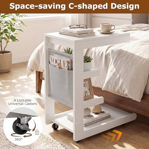 Giantex C-Shaped End Table with Wheels, Set of 2 Wood Rolling Side Table w/Adjustable Desktop, Edge Stopper, Side Pocket & 3 Storage Shelves, Sofa Couch Bedside TV Tray for Living Room Bedroom (White) - Image 5