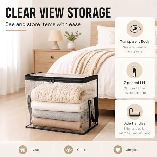 Clear Storage Bins with Lids, Plastic Storage Boxes and Closet Organizers for Under Bed Toy Storage, Foldable Moving Bags for Packing Clothes (Black-8PCS, Small: 12.6 x 9.5 x 9.8 in) - Image 2