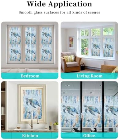 Window Privacy Film Frosted, Sea Turtle Coastal Non-Adhesive Static Cling Window Tint, Blue Ocean Coral Summer Beach Seaweed Insulated Windows Frosted Films for Living Room, 35.4 x 78.7 Inches - Image 7