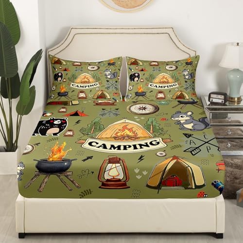 Erosebridal Kids Camping Tent Full Bedding Set,RV Camper Fitted Sheet Camping Decor for Travel Trailer,Rustic Cabin Bear Fox Bed Sheets Woodland Adventure Bed Set,2 Pillowcases (No Flat Sheet) - Image 3