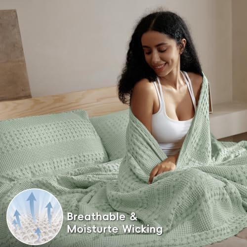 PHF Lightweight 100% Cotton Waffle Blanket for Bed, King, Mint Green - Image 3