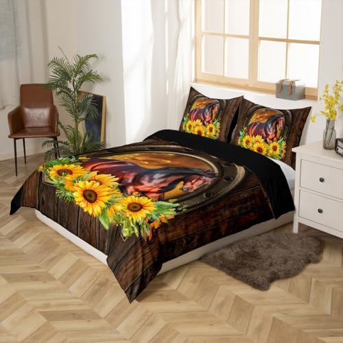 Horse Printed Bedding Set,Horseshoe Print Duvet Cover for Kids Teens Girls,Horseshoe Print Comforter Cover Decorative Room,Rustic Farmhouse Quilt Cover with 2 Pillowcases,King Size(No Comforter) - Image 5