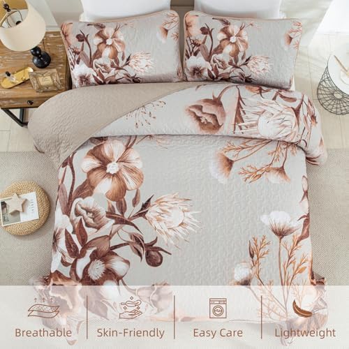 Drucon Khaki Quilt Set King Size Bedding Set 3 Pieces Boho Floral Quilt - Image 6