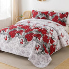 Yiran Red Floral Quilt Set King Size Rose Spring Bedspreads Bedding Set - Image 2