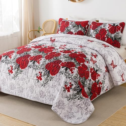 Yiran Red Floral Quilt Set King Size Rose Spring Bedspreads Bedding Set - Image 2
