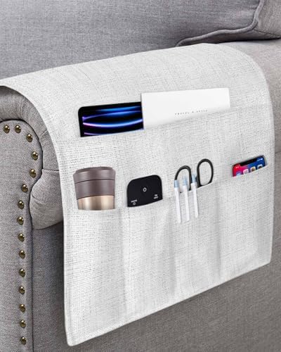 Sofa Armrest Organizer Bedside Caddy, White Burlap Texture Non Slip Couch Remote Control Holder for Recliner, Farmhouse Vintage White Armchair Caddy with Pocket for Magazine, Phone, 19.7"x35" - Image 3