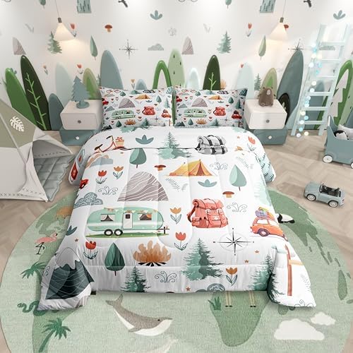 Kids Camper Theme Comforter Set Twin 2Pcs, Happy Camping Bedding Set, Travel Car Rv Accessories Down Comforter, Botanical Flowers Mountain Adventure Quilt, Cute Camper Duvet Insert Bedroom Decor by Erosebridal