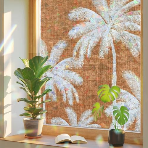 Burnt Orange Palm Trees Window Privacy Film Rainbow Static Cling Stain Glass Window Film for Glass Door, Heat Blocking Sunroof Decal Sticker for Car 35.4"x78.7" Farmhouse Tropical Summer Beach - Image 3