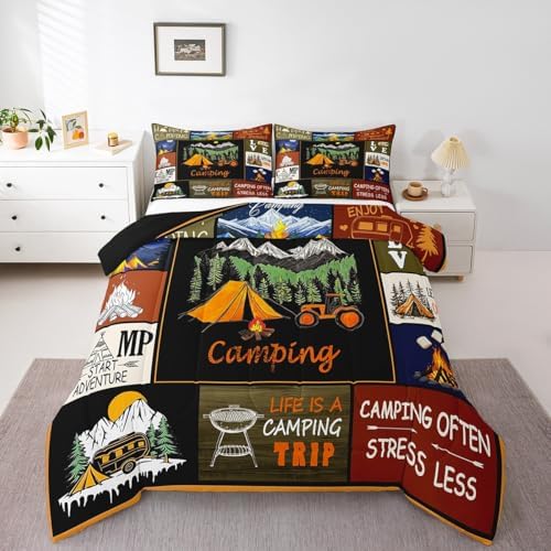 Erosebridal Happy Camping Queen Bedding Set,RV Camper Comforter Set for Trailer Bunk,Rustic Style Patchwork Comforter for Kids Adults,Mountain Themed Bedroom Room Decor,2 Pillowcases Lightweight by Erosebridal