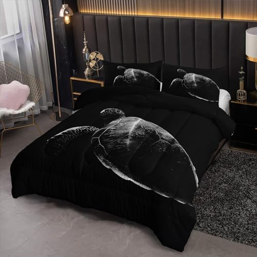 Nttopship Sea Turtle Comforter Set Queen Size, Animal Black Turtle Sea Soft 3 Pcs,Sea Turtle Bedding Set for Kids,Black Night Turtle Themewith 1 Comforter and 2 Pillowcases - Image 2
