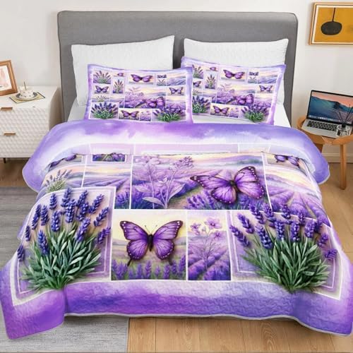 HOSIMA Lavender Butterfly Floral Patchwork Quilt Queen with 2 Pillowcases. - Image 3
