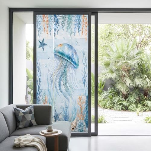 Window Privacy Film Frosted, Coastal Jellyfish Non-Adhesive Static Cling Window Tint, Blue Ocean Coral Summer Beach Seaweed Insulated Windows Frosted Films for Living Room, 35.4 x 78.7 Inches - Image 2