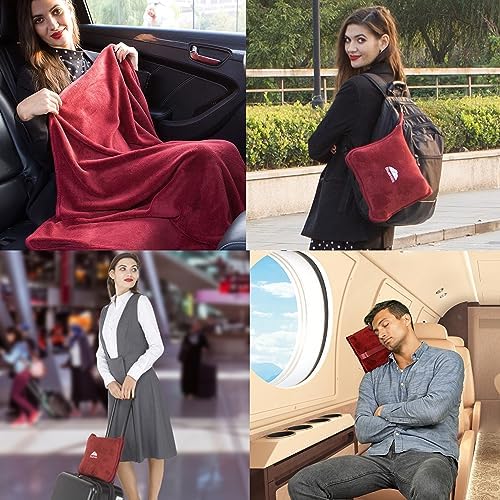 BlueHills Travel Blanket Pillows for Two Airplane Traveling Essentials Flight Throws in Bag case with Backpack Clip Compact Large Plane Accessories – Red and Beige - Image 3