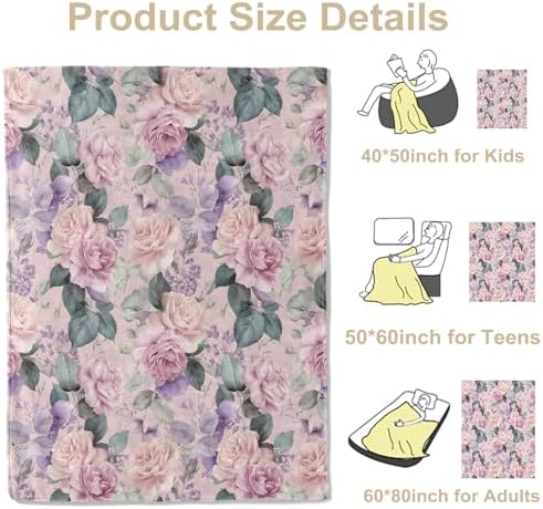 Romantic Rose and Leaf Throw Blanket, Lightweight Warm Elegant Pink Floral Flannel Blanket, Home Decor and Gifts, Soft Cozy Pastel Flower Blankets for Women Mom Girls, 50"x60" for Bed Couch Travel - Image 3