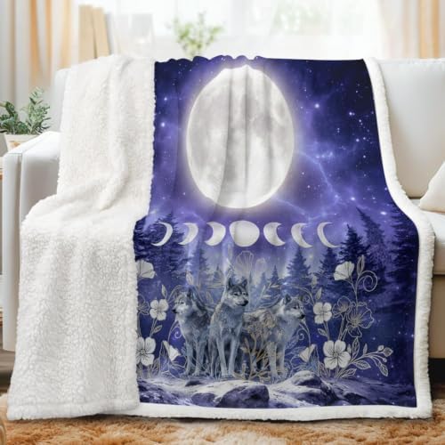 Sleepwish Moon Phase Blanket Celestial Sherpa Throw, Boho Witchy Decor for Women Teens, Spiritual Wolf Design Cozy Fleece Blanket 60x80 Inches for Couch Bed by Sleepwish