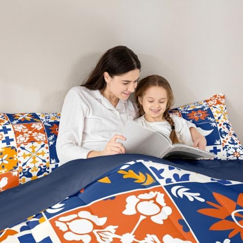 Erosebridal Colorful Mexican Tile Full Bedding Set - Mexico Talavera Tiles Comforter Set, Patchwork Vintage Flower Quilt for Kids Adults, Bohemian Aesthetic Bedroom Decor - 2 Pillowcases - Image 6