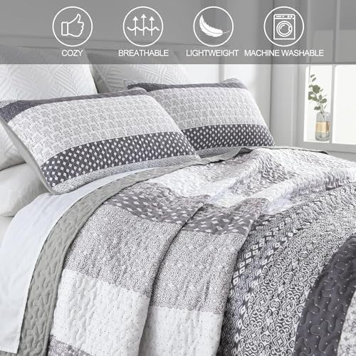 WONGS BEDDING Grey Full Size Quilt Set, Bohemian Striped Bedspreads - Image 5