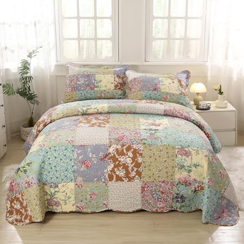 vctops Boho Patchwork Cotton Quilted Bedspread Quilt Set Queen Size 3 Pieces Soft Reversible Lightweight Coverlet Set Floral Print 1 Quilt and 2 Pillow Shams (Purple,Queen) by vctops
