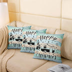 Feelyou Teal Happy Camping Throw Pillow Covers 20"x20" Set of 4 Kids Camper Decorative Pillow Case Pillowcase Gifts for RV Owners Rustic Farmhouse Style Cushion Case RV Camping Outdoor Pillows Covers - Image 5