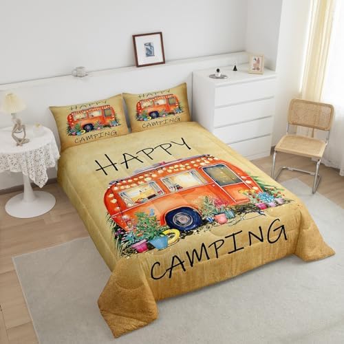 Erosebridal Camper Car Bedding Set Twin Happy Camping Comforter Set,Cute Rustic Farmhouse Floral Comforter for Kids Boys Girls Adults Retro Travel Camping Quilt Duvet Sets 1 Pillow Case RV Decor - Image 3