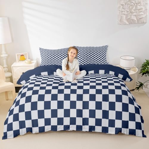 Gird Printed Duvet Cover Set Twin Size,Navy Blue Plaid Bedding Set 2Pcs for Kids Boys Teens Men Room Decor,Modern Geometric Check Comforter Cover Lightweight Soft Quilt Cover,1 Pillowcase - Image 4