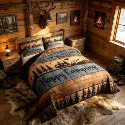 Happy Camping Comforter Set Full Camper Quilt Bedding For Kids Adults,Rv Accessories Comforter For Travel Trailers Rustic Farmhouse Wooden Board Duvet Set Mountain Pine Trees Decor,2 Pillow Cases - Image 2