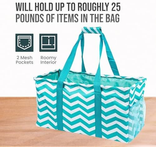 Extra Large Utility Tote Bag - Oversized Collapsible Beach Bag - Chevron Teal - Image 5