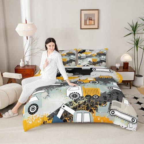 Feelyou Kids Equipment Trucks Comforter Set Construction Comforter Cover Set Boys Cartoon Car Excavator Tractor Bedding Set Construction Vehicles Yellow Grey Duvet Set Room Decor Quilt Set King Size - Image 5