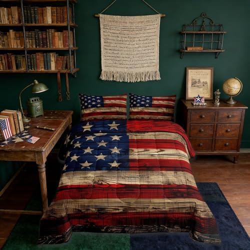 Castle Fairy American Flag Comforter Set Queen Size for Children Gift, Wooden Planks Painted as USA Flag Patriotic Country Style, Room Decorative Quilt Set with 2 Pillowcases, Ultra Soft by CastleFairy