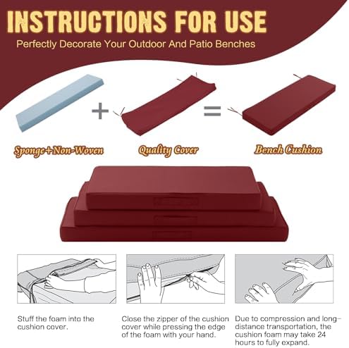 Outdoor Bench Cushion Waterproof with Memory Foam,Patio Bench Cushions for Outdoor/Indoor Furniture Porch Swing Cushion with Handle and Adjustable Strap,Burgundy Red,42x18 Inch - Image 5